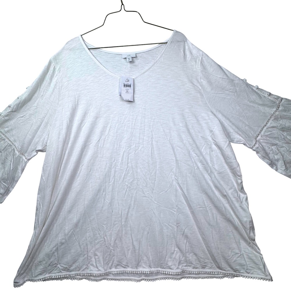 J. Jill Top Women 3X White NWT Crochet Bell Sleeve V-Neck Slub Knit Boho Coastal